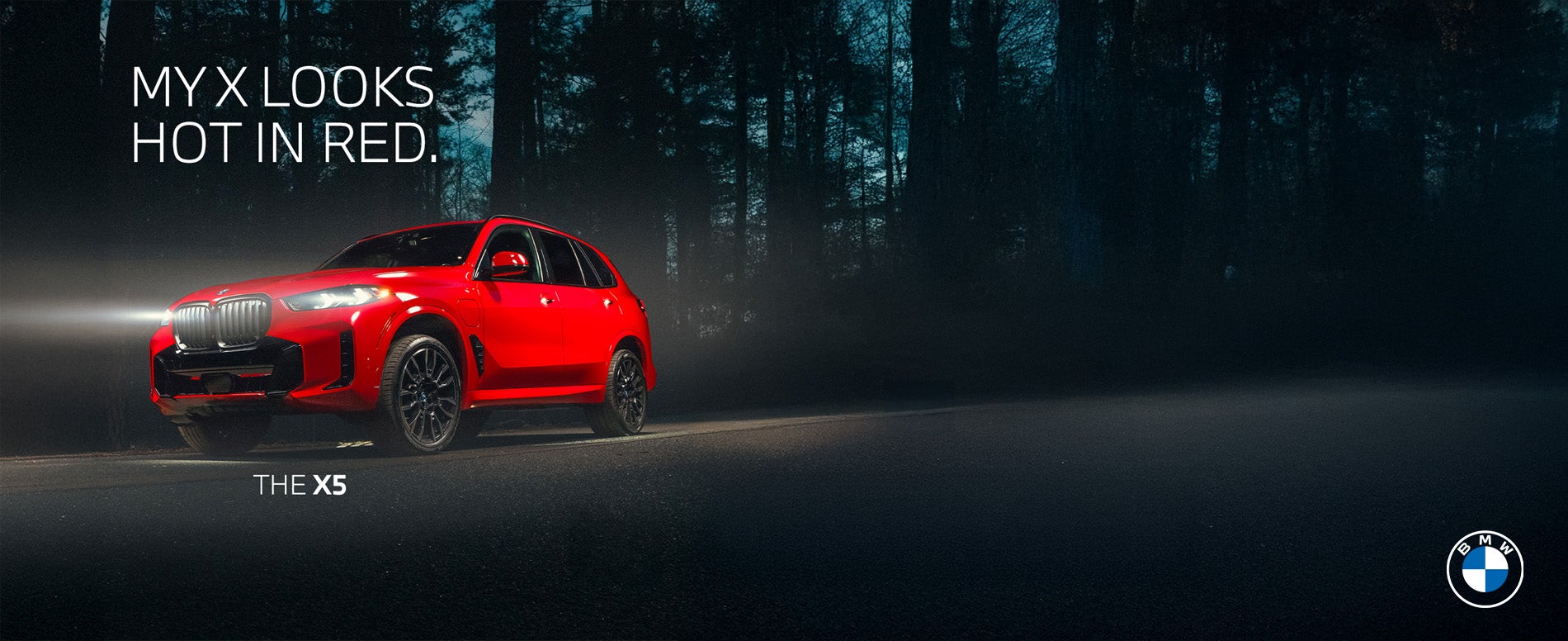 2026 BMW X5 driving through dark woodland.